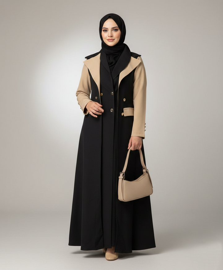 Blazer like abaya set black and beige