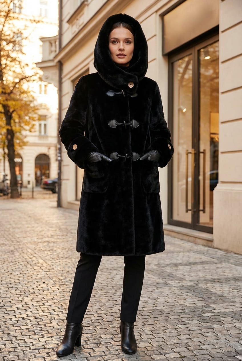 Black Buttoned Fur Coat