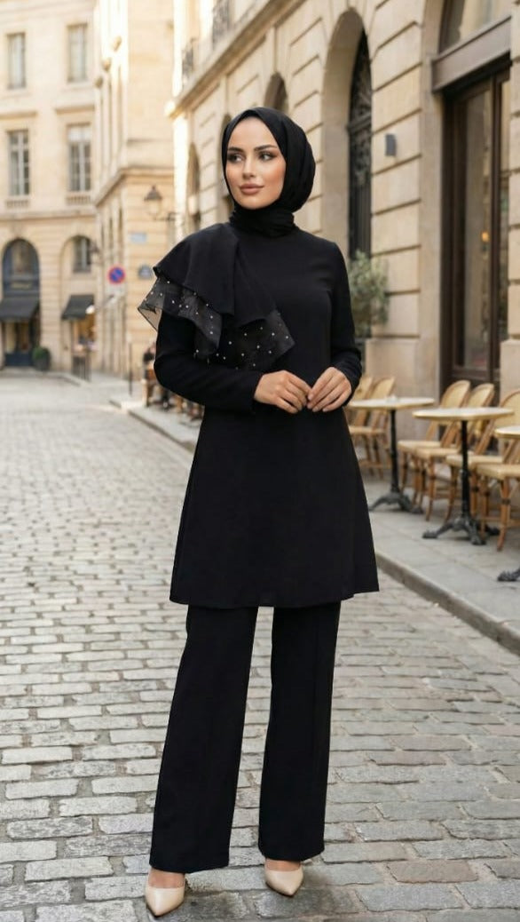 Black Ruffle Pearl Suit
