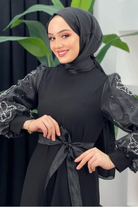 Black Evening Silver Flowered Dress