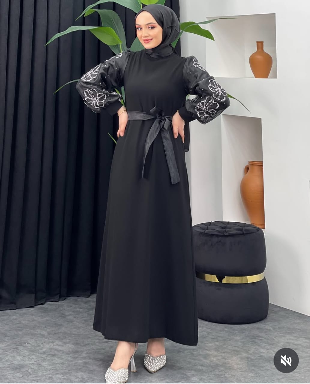 Black Evening Silver Flowered Dress