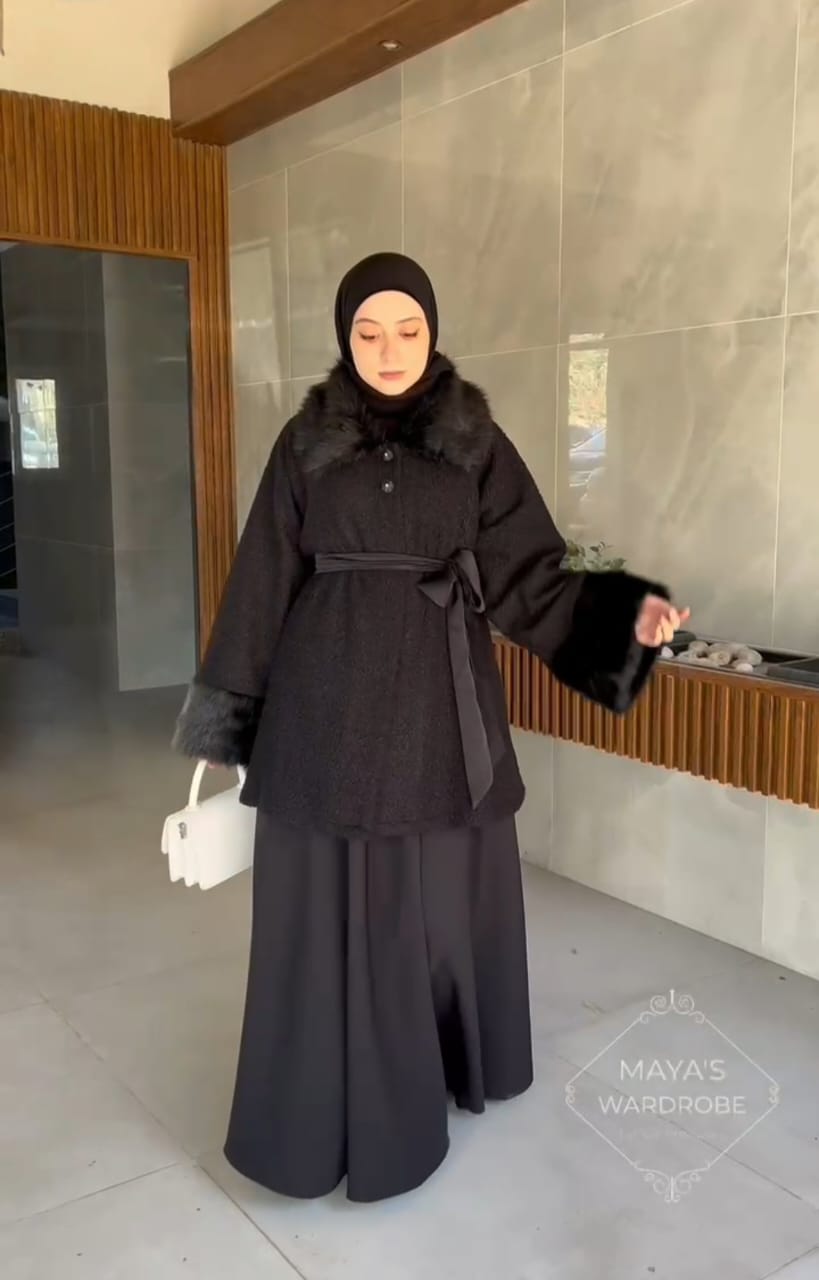 Black Women Tweed Coat Jacket with Fur Collar