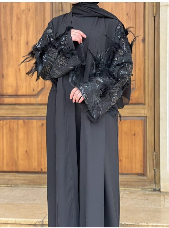 Black Feather Evening Abaya Set
