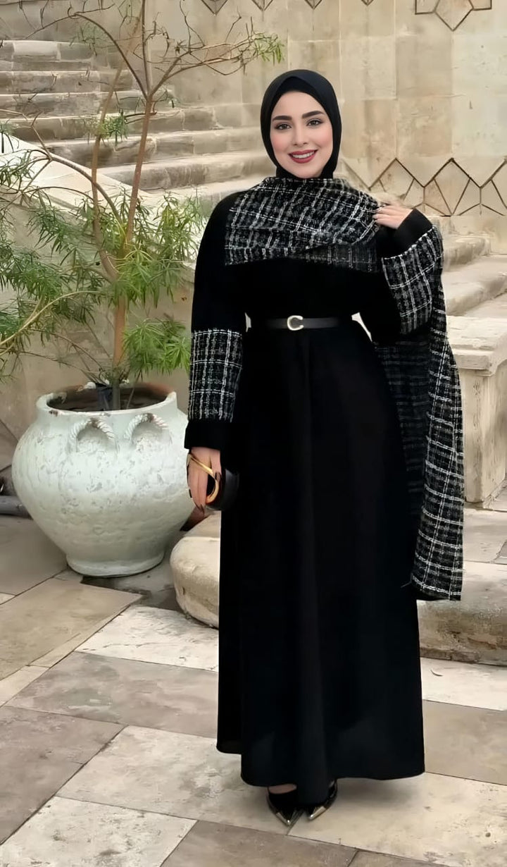 Black woman abaya coat with square black and grey shawl