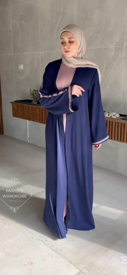 Navy embroidered abaya set with pink dress