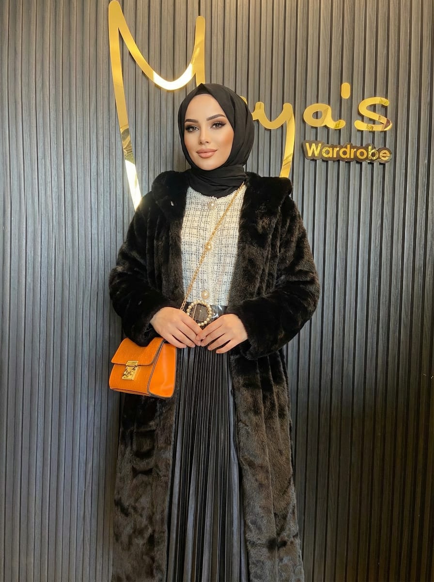 Black Long Hooded Fur Coat