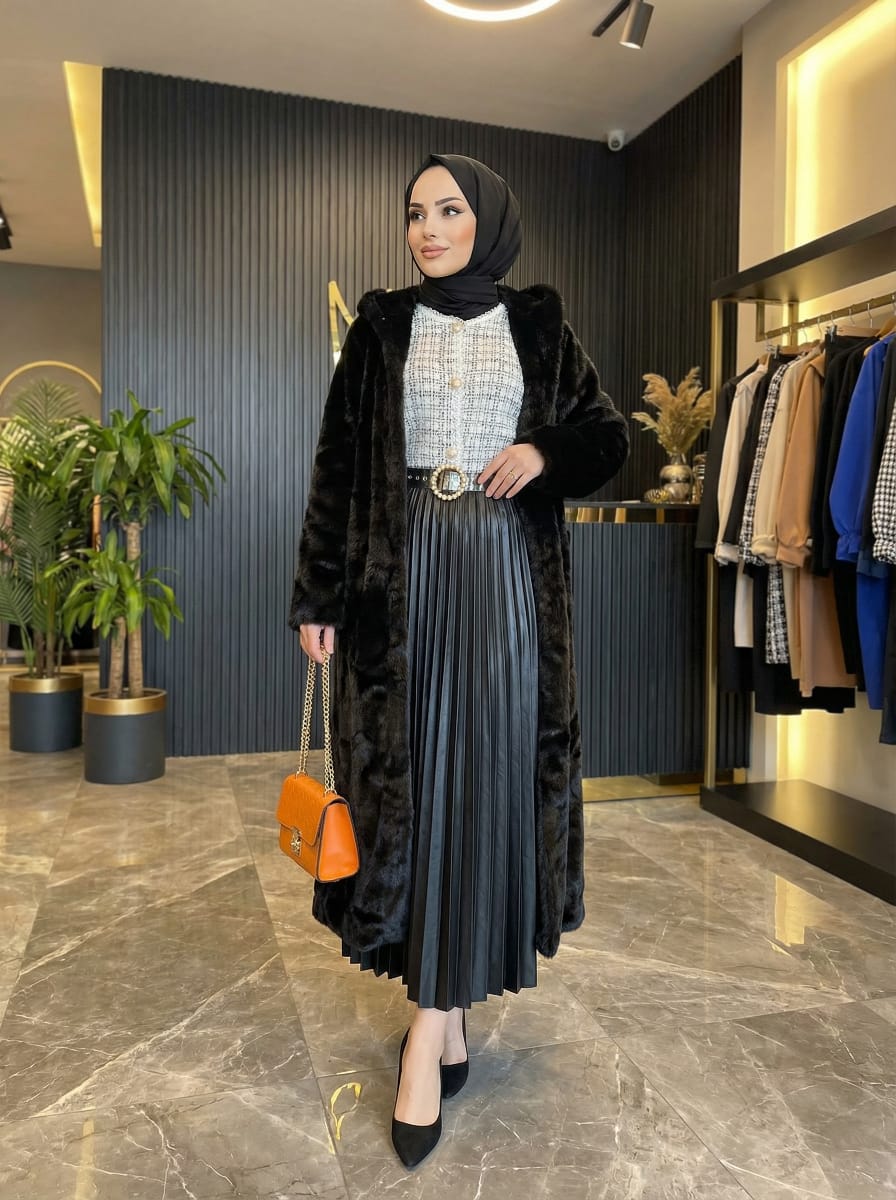Black Long Hooded Fur Coat