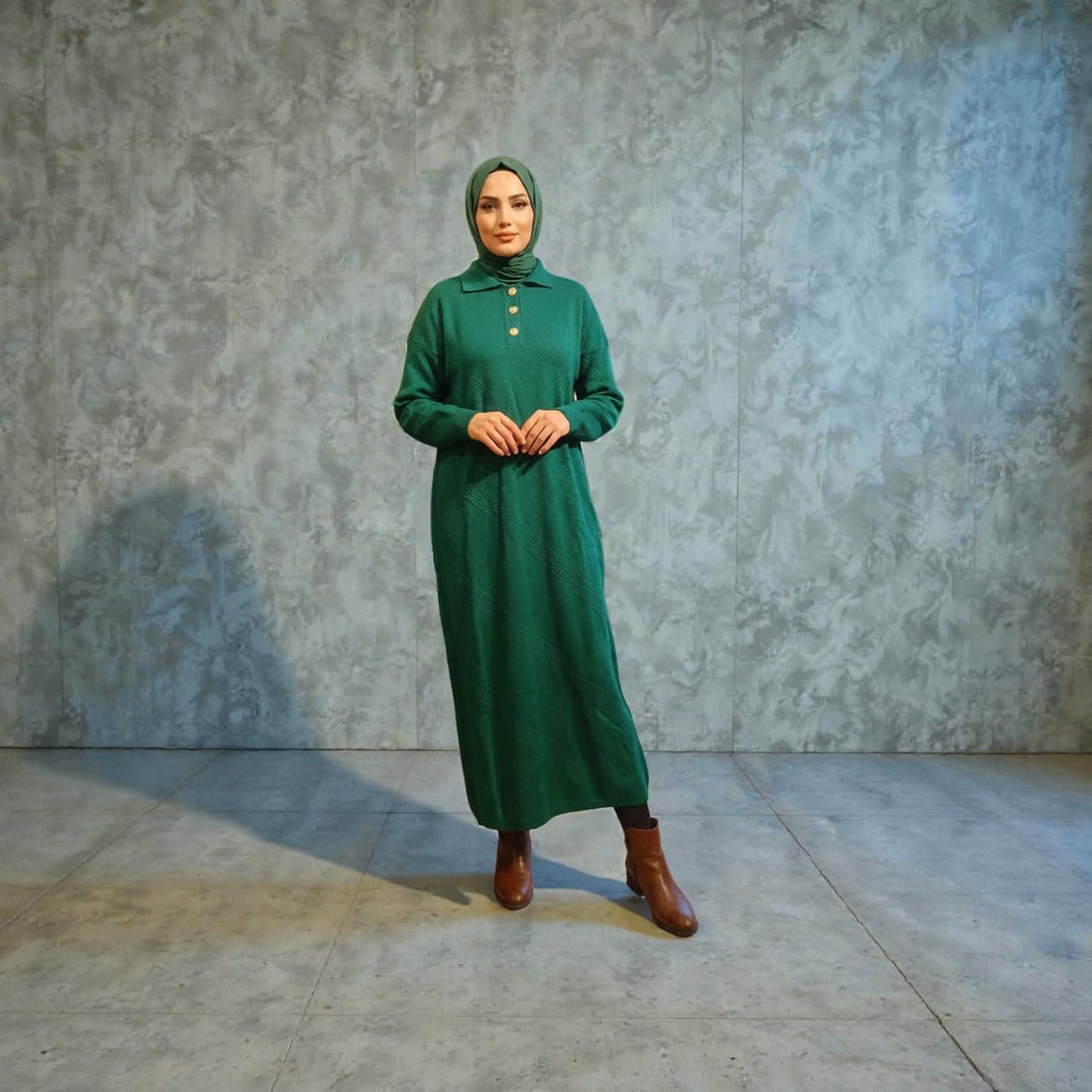 Petrol knitted dress with golden buttons