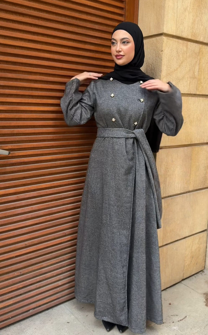 Grey Abaya with Pearl Buttons