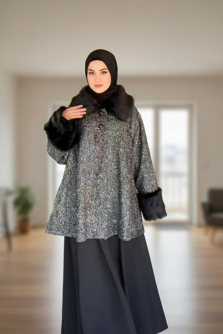 Black and White Tweed Coat Jacket with Fur Collar