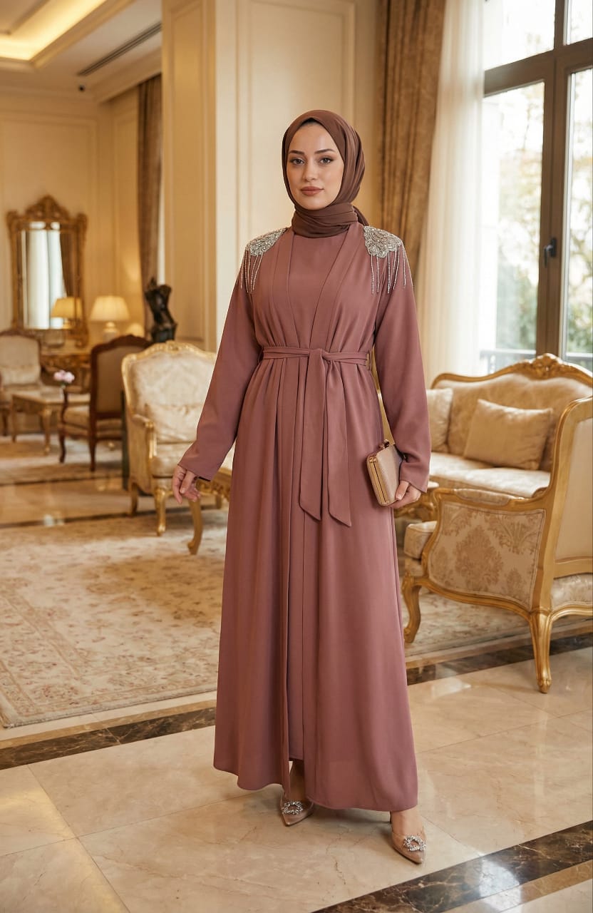 Pastel Pink Abaya Set with Gems