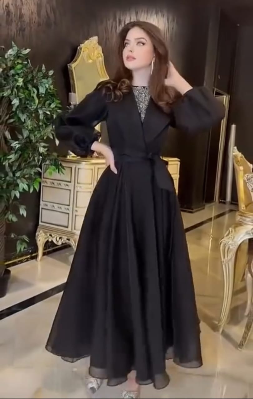 Black Organza Gems Maxi Evening Dress