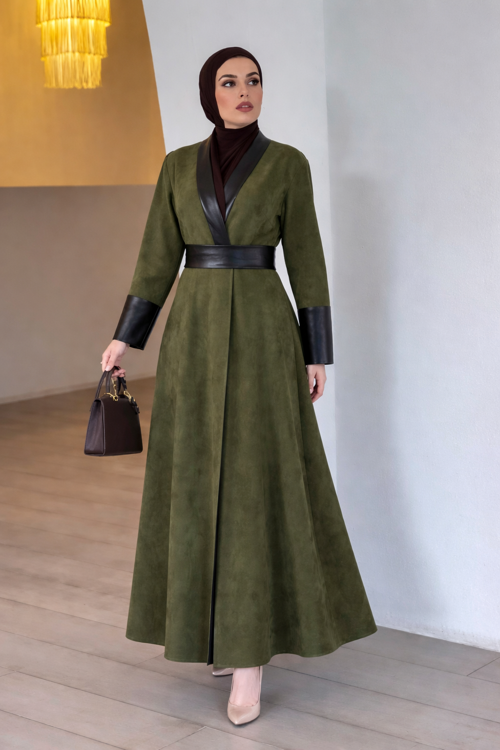 chamois abaya with leather sleeve