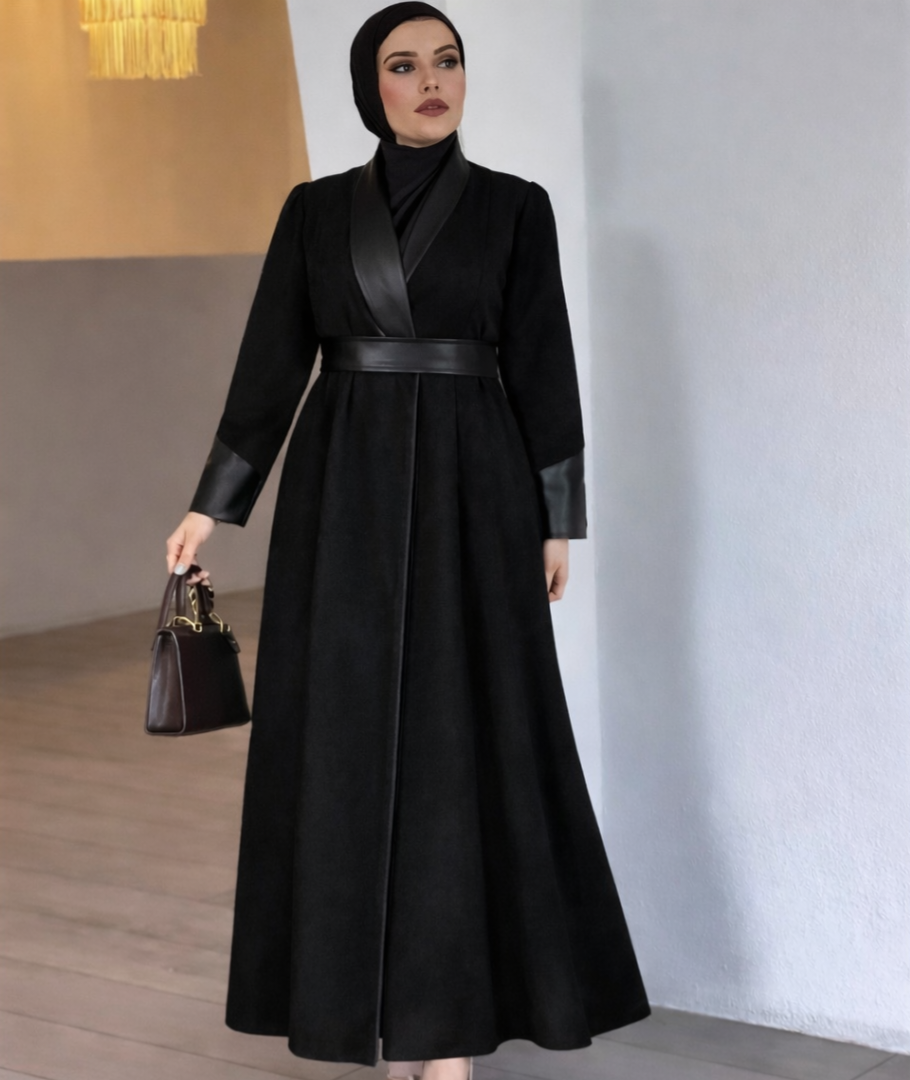 chamois abaya with leather sleeve
