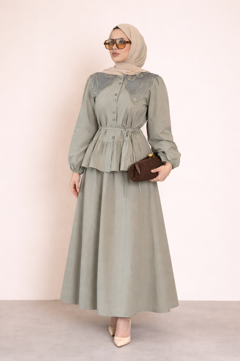 Embroidered Collar Skirt Set