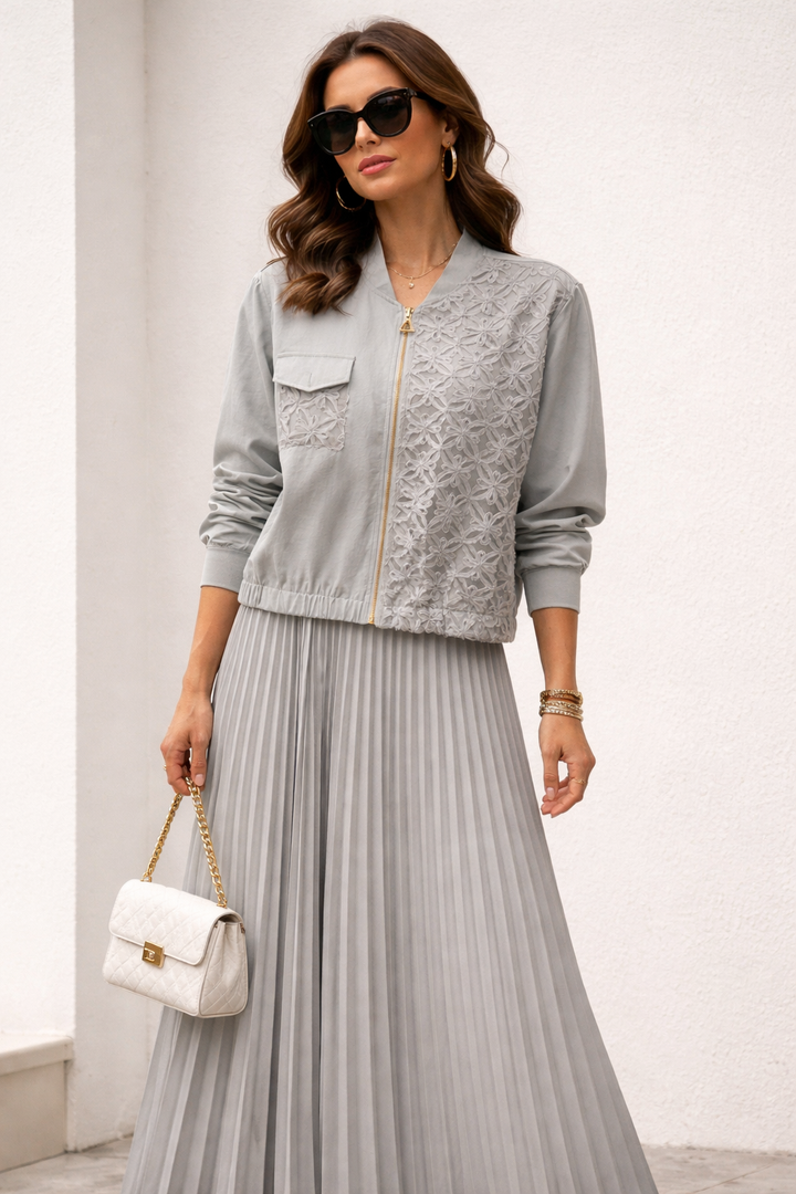 Embroidered Bomber & Pleated Maxi 2 Piece Set