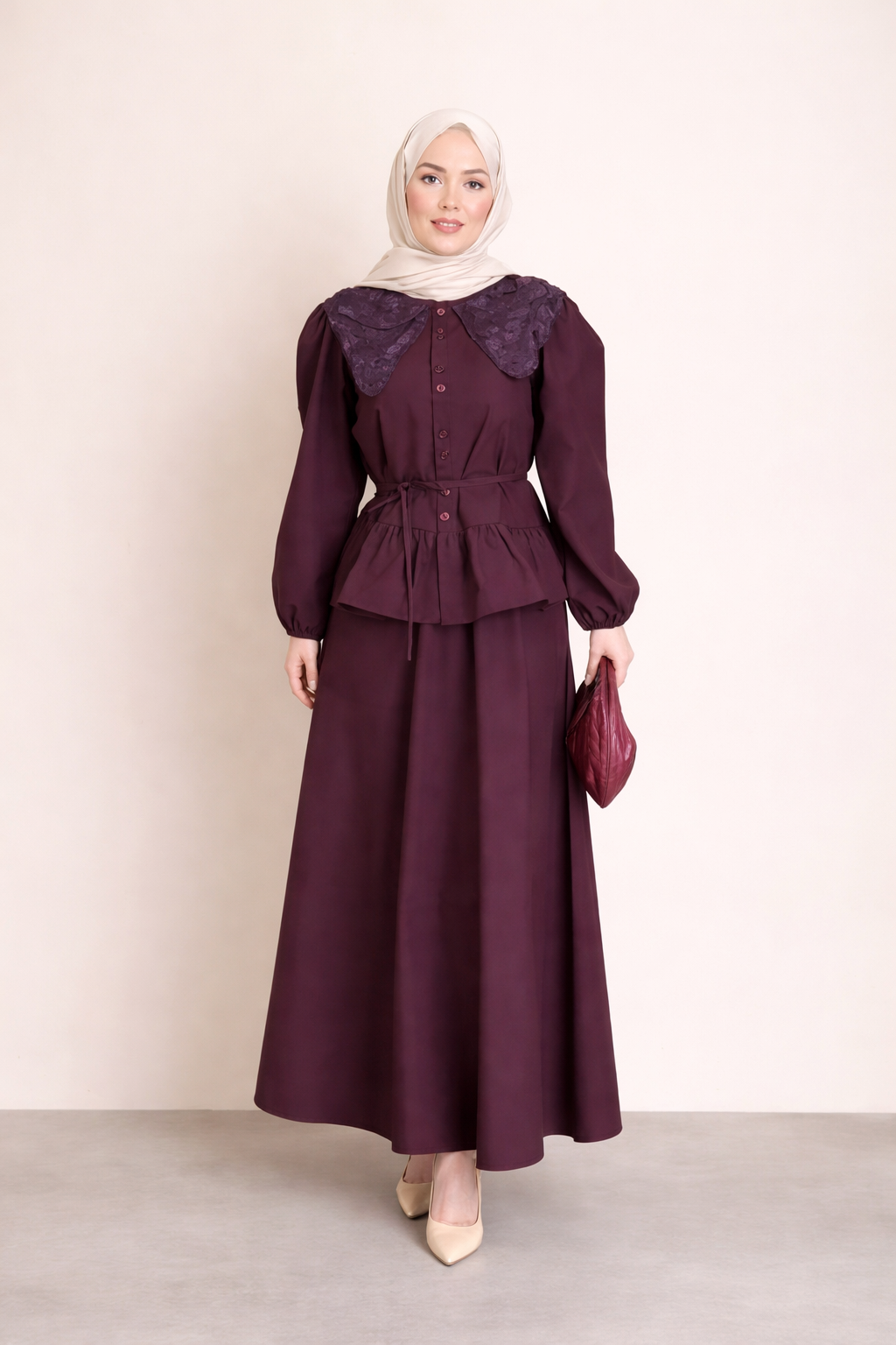 Embroidered Collar Skirt Set