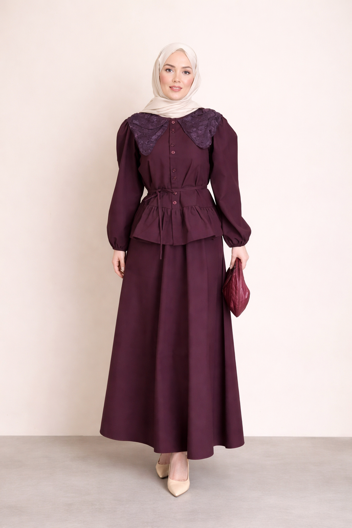 Embroidered Collar Skirt Set