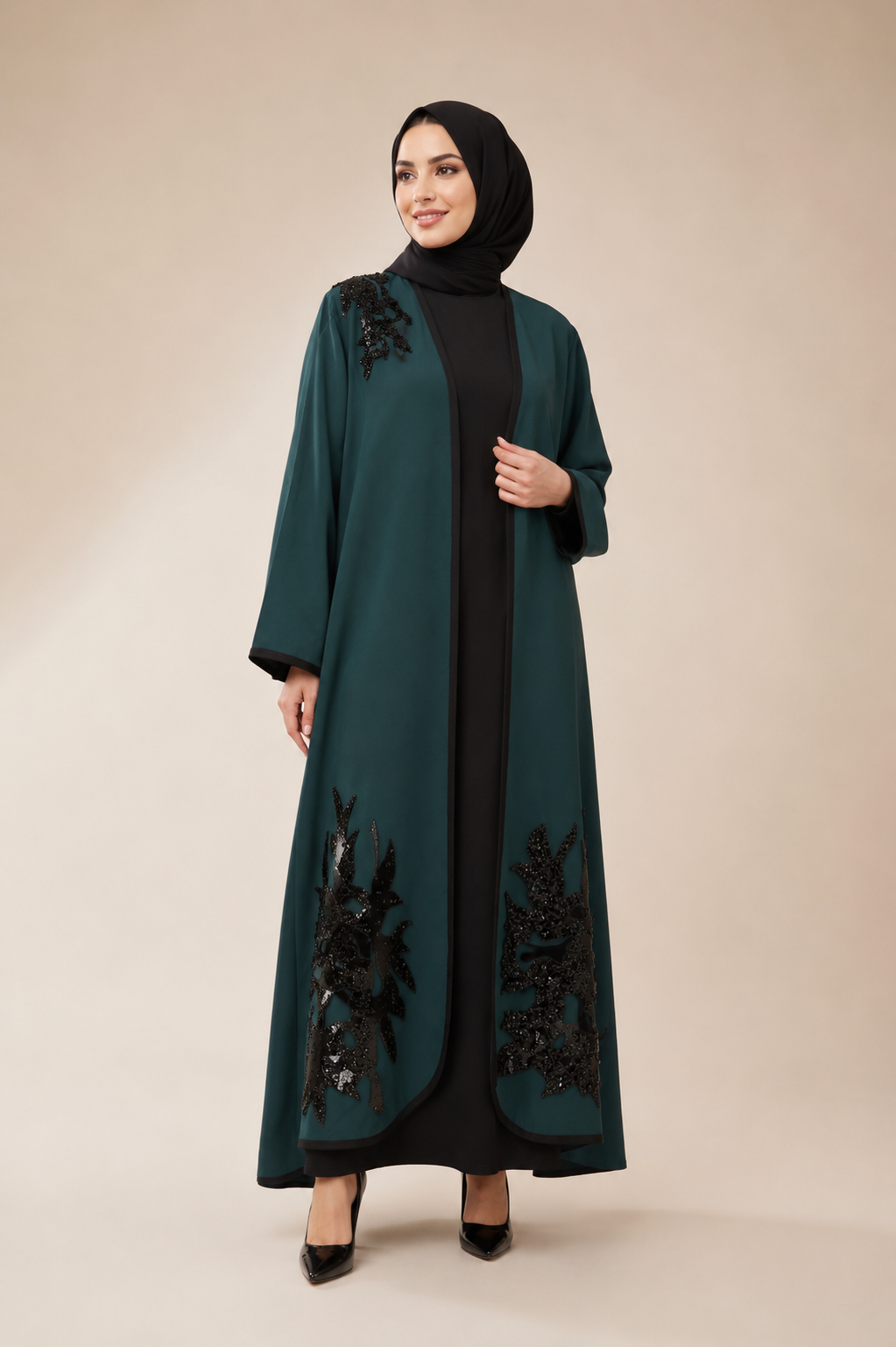 Green Abaya Set with paillette Aplique